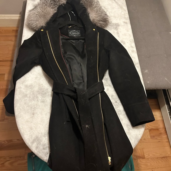 1 Madison Black Wool Wrap Coat with Detachable Fox Fur Trim - Picture 8 of 12